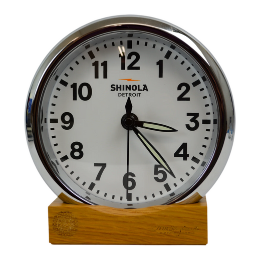 Chrome Desk Clock with Whitehall Base by Shinola