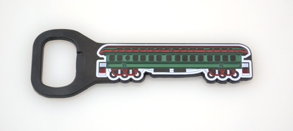 bottle opener with rail car motif